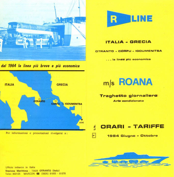 Un depliant del traghetto ROANA del 1984. I riferimenti dell'ufficio imbarco in Italia in basso a sinistra sono quelli della ELLADE VIAGGI