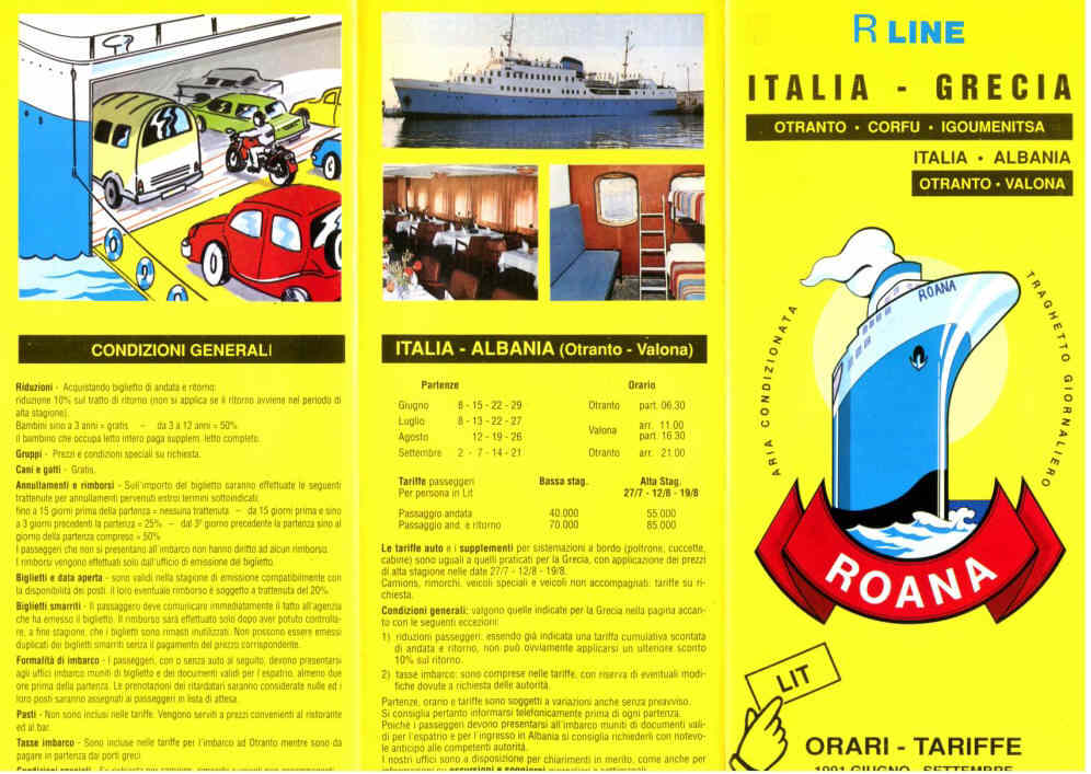 Depliant del 1991 con la prima programmazione regolare di viaggi da Otranto per Valona, sempre con il traghetto ROANA
